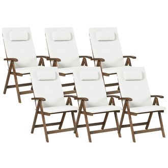 Beliani Conjunto De 6 Sillas De Jard&iacute;n R&uacute;sticas De Madera De Acacia Natural Ajustables Plegables Con Reposabrazos Marr&oacute;n Oscuro Con Cojines Blanco Crema Amant