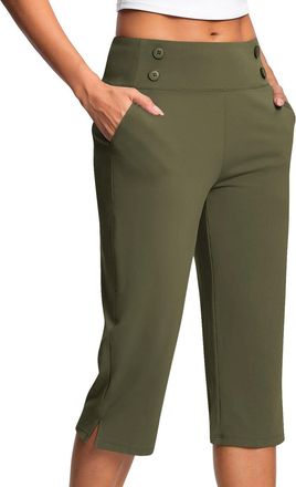 Generic Capri Pants for Women Ladies Cropped Pants High Waist Stretch Bottoms Yoga 3/4 Dress Pant with Pockets Summer Elegant Crop Trouser Office Business Wor