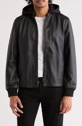 Frye Cafe Racer Removable Hood Leather Jacket in Black at Nordstrom Rack, Size X-Large
