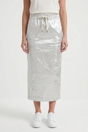 Brunello Cucinelli Silver Linen Blend Straight Skirt, Brand Size 44 (US Size 10)