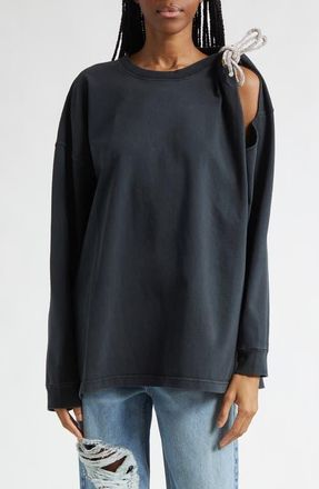Area Crystal Knot Cutout Long Sleeve T-Shirt in Washed Black at Nordstrom, Size X-Small