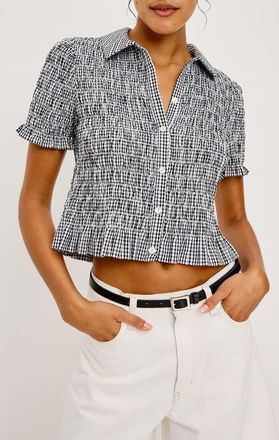 Rails Alton Shirred Button-Up Crop Peplum Top in Black Gingham at Nordstrom, Size Xx-Small