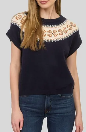ZOE AND CLAIRE Fair Isle Yoke Short Sleeve Sweater in Navy at Nordstrom, Size X-Small
