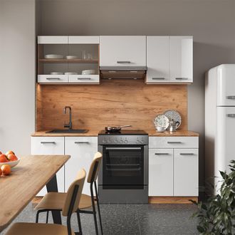 Vicco Mueble De Cocina R-line, Blanco Brillo Intenso/roble Dorado, 200 Cm Sin Encimera