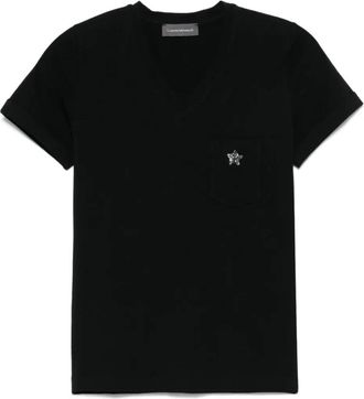 Lorena Antoniazzi Tops, Dames, Zwart, XL, Katoen, Zwarte sterapplicatie V-hals T-shirt