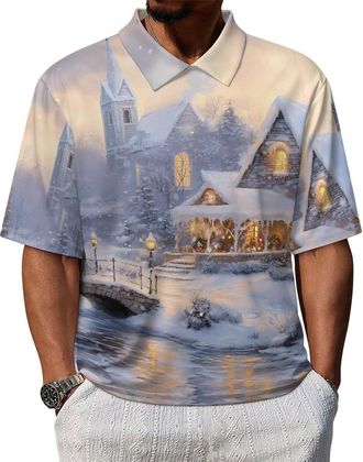 Generic Winter Village Snowy Scene Golf Polo Shirts for Men Short Sleeve Tennis Shirt Casual Sport T-Shirts XL