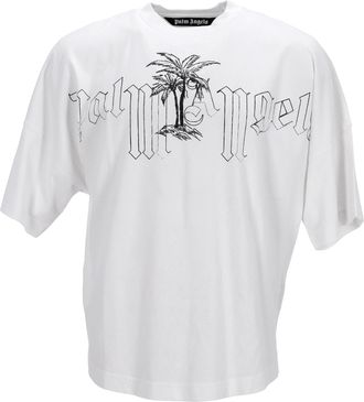 Palm Angels Pre-owned Mens Logo Illustration Oversized T-Shirt in White Cotton - Ecru - Size Small