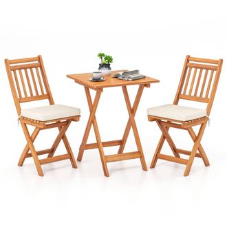 Costway Costway Folding Chair Table Set Outdoor Wood Bistro Set with Cushions in White