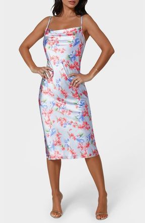 Bebe Printed Satin Bias Midi Dress in Blue/Red at Nordstrom Rack, Size X-Large