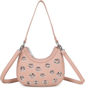 Generic Womens Faux Leather Shoulder Bag with Silver Eyelets, Grey Hobo Style Handbag with Crossbody Strap (Pink)