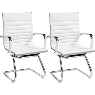 Yaheetech Set 2 Sedie Ufficio Bianche Senza Ruote per Ospiti Visitatori Riunioni Conferenza Ergonomiche in Pelle Sintetica con Schienale e Braccioli Design