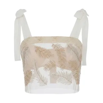 Elisabetta Franchi Tops, Dames, Beige, XS, Tweed, Tule en Tweed Top met Veren