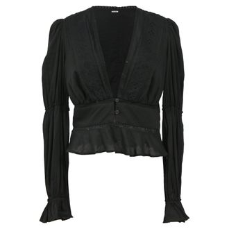 Reformation Plunge Neckline Long Sleeve Crop Top in Black Cotton