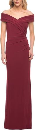 La Femme Off The Shoulder Jersey Dress with Ruching in Wine at Nordstrom, Size 14