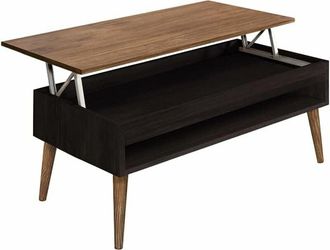 HOGAR 24 Atenea Mesa Centro Elevable Madera Maciza Natural con Estante Inferior Acabado Negro y Encerado