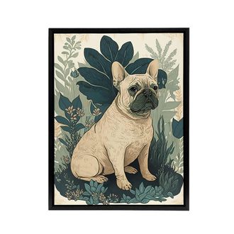 Artery8 French Bulldog & Tropical Plants Framed Canvas Wall Art Print in Blue | Size: W24 x H32