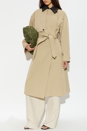 Bottega Veneta Trench Coat With Leather Collar, Womens, Beige