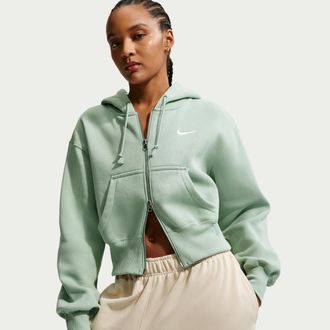 Nike Womens Nike Sportswear Phoenix Fleece Loose Full-Zip Cropped Hoodie in Green | HV2426-006