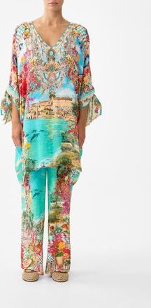 Camilla Tie Sleeve Short V Neck Kaftan in Meet Me In Mallorca at Nordstrom, Size One Size Au