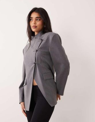 Asos Blazer avvolgente nero con collo a imbuto e bottoni alla coreana-Grigio