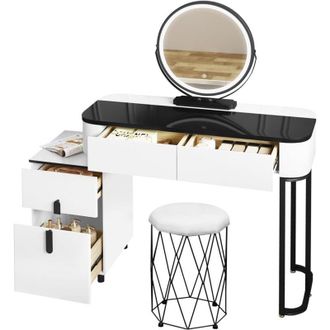 Woltu Toeletta++Sgabello da Trucco con Luci Dimmerabili e 1 Armadietto Mobile, Toeletta da Camera da Letto, Bianco+Nero - Woltu