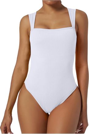 Generic Women Sexy Ribbed Strappy Squared Neck Sleeveless Tank Tops Bodysuits Concealing Dress, White, XXL