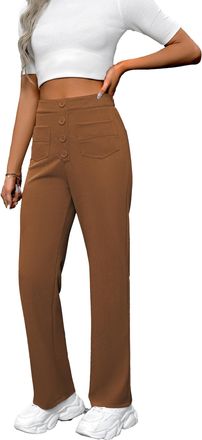 Generic Womens Casual High Waist Stretch Pants, Multi-Pocket Wide Leg Button Straight Leg Pants,016,S
