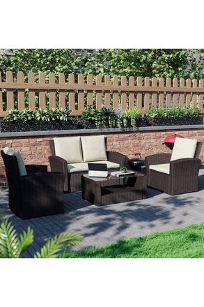 Home Discount 5Pc Garden Vida Mylor 4 Seater Rattan Set Fabric UKFR Garden Furniture in Brown
