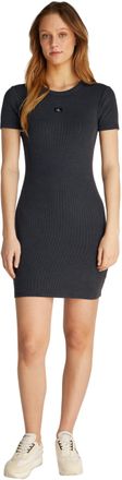 Calvin Klein Womens Washed Woven Label Ribbed Short Bodycon Dress, Grey (Washed Black), XS