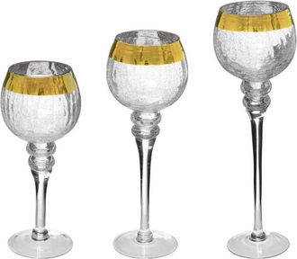 Les Tendances Juego De 3 Portavelas De Pie Con Banda De Cristal Craquelado Dorado - Feeric Lights & Christmas