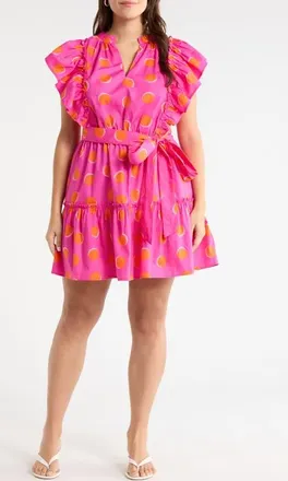 Sugarlips Rosy Print Ruffle Minidress in Fuchsia-Orange at Nordstrom, Size 1X