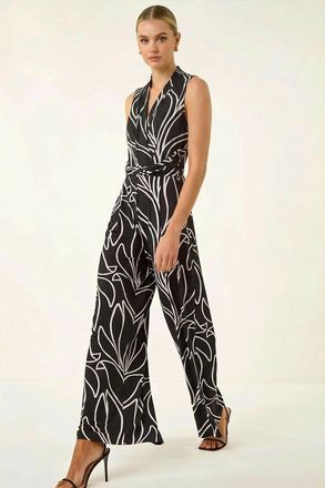 Roman Abstract Leaf Print Crossover Jumpsuit