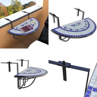 vidaXL Tavolo Sospeso da Balcone Blu e Bianco con Mosaico - Tavolo sospeso - Tavolino da caff&egrave;