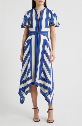 Eliza J Geometric Stripe High Low Handkerchief Dress in Ivory Blue at Nordstrom, Size 14