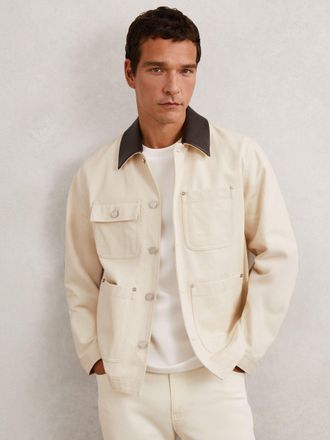 Reiss Off White Denim Leather-collar Worker Jacket, XS