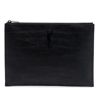 Saint Laurent Pre-owned Clutches, female, Black, Size: ONE SIZE Pre-owned Croc Embossed Leather Clutch