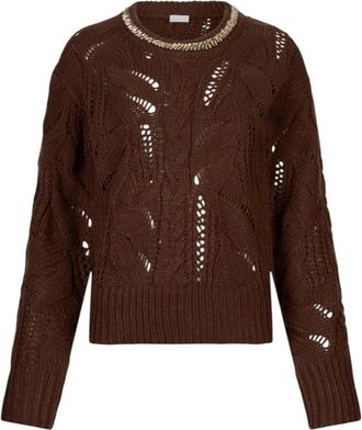 Liu Jo Trui met opengewerkt patroon en edelsteenversiering - Dames - Ronde hals truien - Bruin - S - Wol - Truien & Vesten