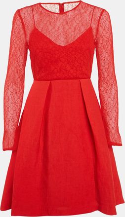 Sandro Red Lace And Textured Crepe Pleated Mini Dress
