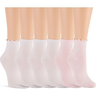 Shelli Segal 6-Pack Assorted Lettuce Edge Anklet Socks in Whisper Pink/White at Nordstrom Rack, Size 9/11