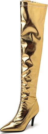 Generic Womens PU Leather Thigh High Boots with Side Zipper Pointed Toe Over The Knee Boots Stiletto High Heel Slouchy Long Boot,Gold,3.5 UK