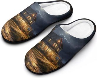 Generic Farmhouse at Night Fashion Cotton Slippers for Women Memory Foam House Slippers Non-Slip House Bedroom Shoes
