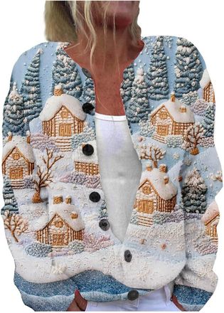 Generic Christmas Cardigan for Women Xmas Tree Printed Coat Button Down Sweater Novelty Funny Jacket Long Sleeve Sweatshirt Open Front Cardigans Holiday Casua