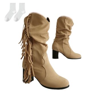Generic Womens Mid-Calf Boots with Block Heel, Fashionable Riding Boots in Suede Look with Pleated Design And Fringe, Comfortable Slip-On Boots in Plus Sizes 