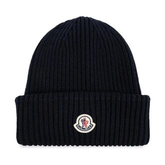Moncler Ribbed Beanie - Dames - Hoeden - Blauw - ONE Size - Wol - Accessoires