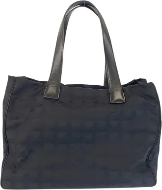 Chanel Black Nylon Leather Shoulder Bag Tote Bag (Pre-Owned)