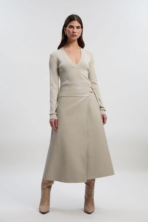 Karen Millen Womens Figure Form Pu Mix Tab Detail Pleated Knit Midi Dress - Beige viscose - Size X-Small