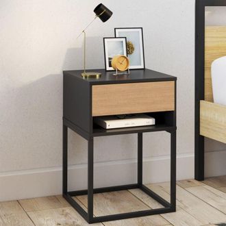 IDMarket Idmarket - Lote De 2 Mesitas De Noche Ernest, 1 Caj&oacute;n Y 1 Nicho, Acabado Negro Y Haya