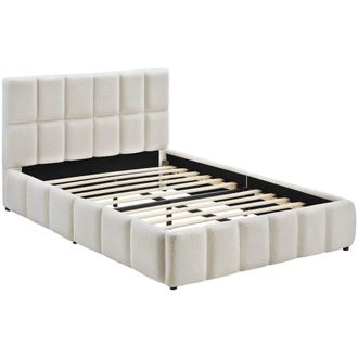 TecTake Cama tapizada, base madera y acero, teddy crema 133x220x93cm