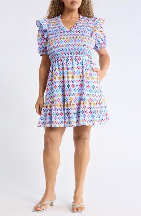 Sugarlips Kessa Geo Leones Smocked Minidress in Lt-Blue-Mult at Nordstrom, Size 2 X