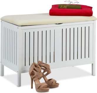 Relaxdays Relaxdays - Banco Con Almacenaje, Tapizado, 80 L Almacenamiento, Estilo Casa De Campo, Madera, Asiento 56x78x39 Cm, Blanco
